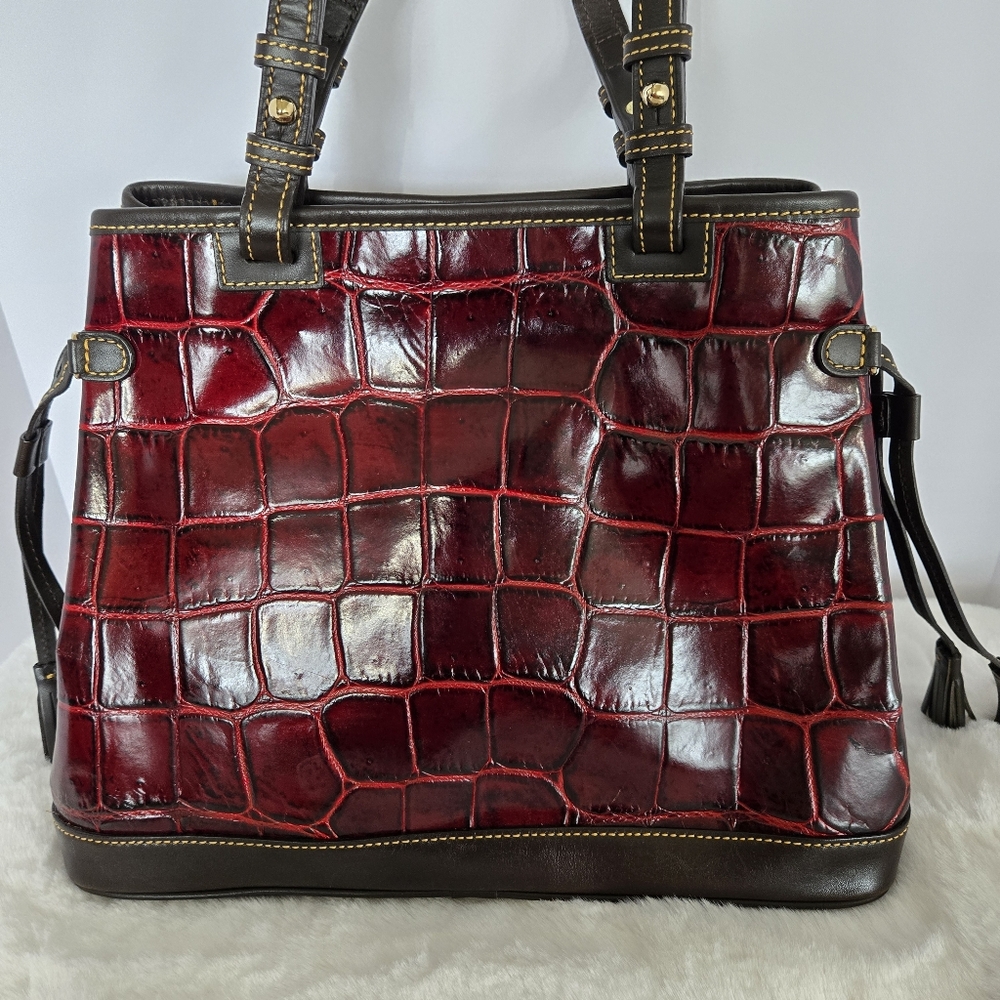 Dooney & Bourke Burgundy Croc Embossed Leather Double Strap Tassel Bag - Picture 2 of 12